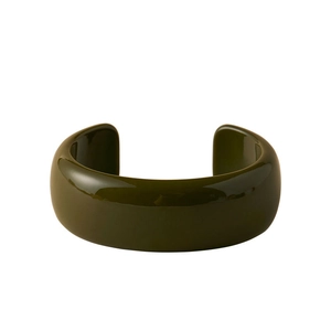 Minimalist olive green acrylic open bangle with wide C-shaped resin design on white background