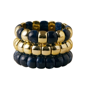 Set di 3 bracciali elastici bohemian con perline dorate e pietre marmoree blu