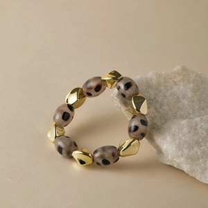 Elastic leopard print beads and golden geometric metal beads bracelet for women
