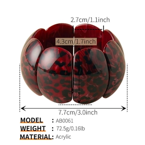 Detailed view of the leopard print acrylic stretch bracelet with measurements and specs