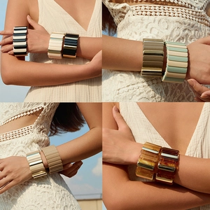 Bracelet Jonc Élastique en Acrylique Fait à la Main pour Femme Vintage Bohémien Épissage Géométrique Motif Marbre Bijoux Mode