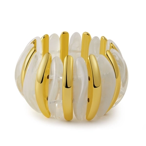 Fashionable chunky acrylic stretch bracelet featuring gold metal and cream resin modules