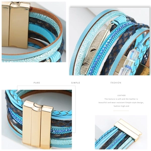 Détail du bracelet bohème en cuir avec fermoir magnétique, couches turquoise et pendentif plume