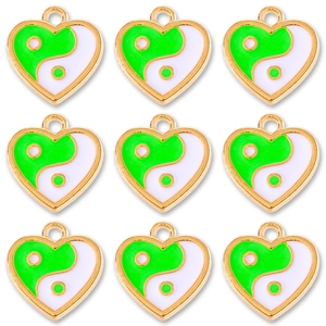 Set of 9 heart-shaped yin yang charms with neon green enamel and gold alloy edges