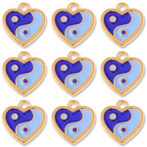 Set of nine heart-shaped Yin Yang enamel charms in gold plating for DIY jewelry making