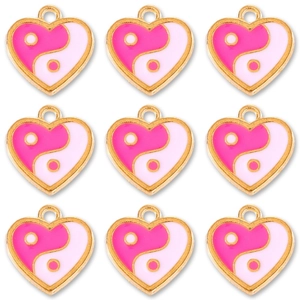 Pink heart-shaped Tai Chi Yin Yang pendants in gold-tone alloy for DIY jewelry