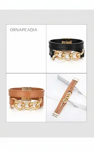 Détail d'un bracelet bohème multicouche en cuir PU avec chaîne dorée et fermoir magnétique