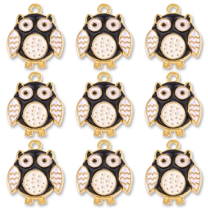 Detailed set of nine vintage alloy owl charms with black and white enamel for DIY jewelry