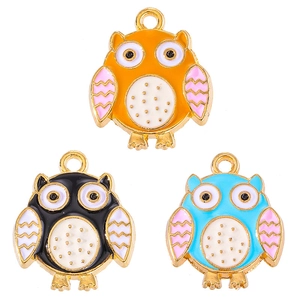Three colorful owl enamel charms for DIY jewelry making in orange black and blue