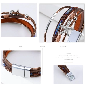 Bracelet bohème multicouche en cuir avec pendentif étoile de mer et fermoir magnétique