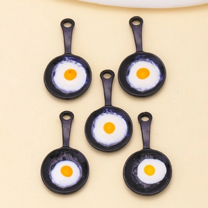 Set of 5 mini fried egg frying pan pendants for DIY jewelry and keychain accessories