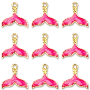 Detail of pink enamel mermaid tail pendants with gold plating for DIY jewelry making