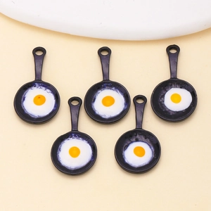 5-piece set of miniature frying pan charms with fried eggs for DIY jewelry making