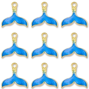 Set of nine blue enamel mermaid tail charms with gold metal edges for DIY jewelry making
