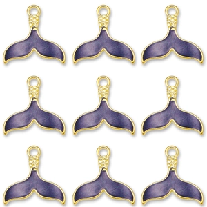 Detail of nine purple enamel mermaid tail charms for DIY jewelry making with gold plating