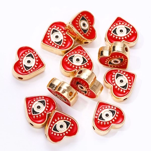 Lot de 12 perles cœur mauvais œil en métal doré et émail rouge pour création de bijoux DIY