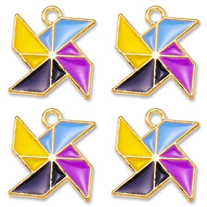 Macro detail of four colorful enamel windmill charms with golden metal loops for DIY jewelry
