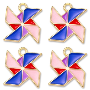 Close-up of four colorful enamel windmill charms with gold plating for DIY jewelry crafting
