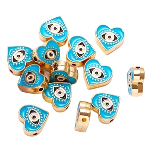 Perles oeil maléfique en forme de coeur doré avec émail bleu pour bijoux DIY