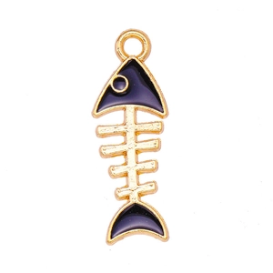 Cute gold-plated fish bone pendant with black enamel inlay and integrated loop for DIY jewelry