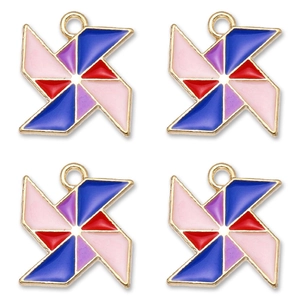 Detail of four-color enamel windmill charms with golden loops for DIY jewelry
