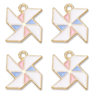 Set of 4 colorful enamel windmill charms with golden frames for DIY jewelry making