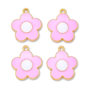 Close-up of pink flower pendants with gold alloy edges and white center for DIY jewelry