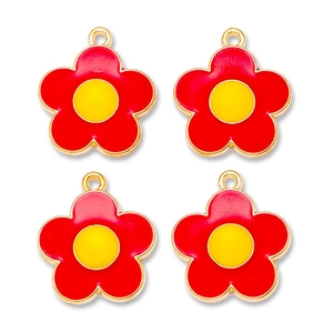 Detailed view of red and yellow alloy flower pendants for DIY jewelry making and crafts