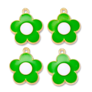 Set of four green alloy flower charms with white center for DIY jewelry making