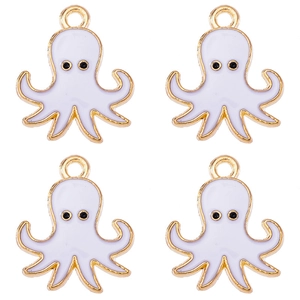 Detailed view of four white octopus charms with gold edges and enamel finish for DIY jewelry