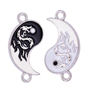 Yin Yang dragon pendants set in black and white enamel finish for couple necklaces
