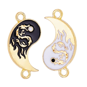 Yin Yang Tai Chi dragon pendants in gold alloy with black and white enamel details