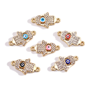 Alloy Rhinestone Hamsa Hand Evil Eye Connector Charms For DIY Jewelry Making Bracelet Necklace Double Loop Pendant Components