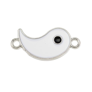 Close-up of Yin Yang style white enamel drip charm with dual silver connector loops