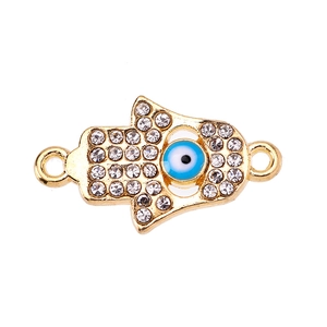 Golden Hamsa Hand charm with crystal rhinestones and blue Evil Eye for jewelry making