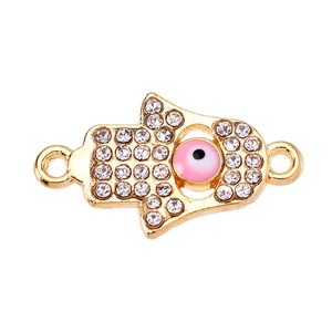 Golden Hamsa hand charm with blue evil eye and sparkling crystals for DIY jewelry making