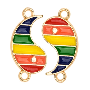 Rainbow enamel Yin Yang charm with gold plating and white rhinestones for DIY jewelry