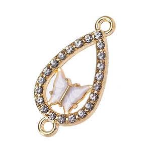 Colgante de gota dorado con mariposa de esmalte blanco y pedrería para joyería de bricolaje
