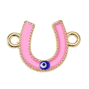 Pink enamel U-shaped horseshoe charm with evil eye bead for DIY jewelry making
