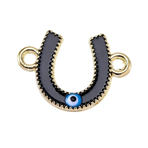 U-shaped horseshoe evil eye charm connector in black enamel for DIY jewelry making