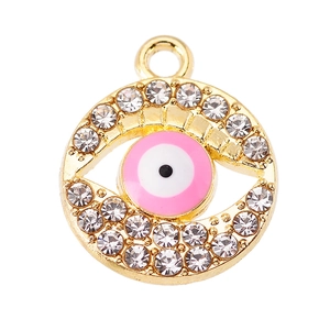 Pink evil eye charm with gold plating and sparkling crystals for DIY jewelry making