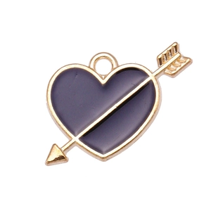 Detail of heart-shaped arrow pendant with dark purple enamel and gold-plated metal