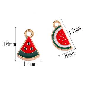 Detail showing dimensions of alloy watermelon charms with red and green enamel coating