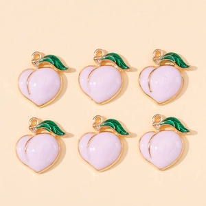Set of 6 cute peach-shaped enamel charms with gold edges and green leaves for DIY jewelry