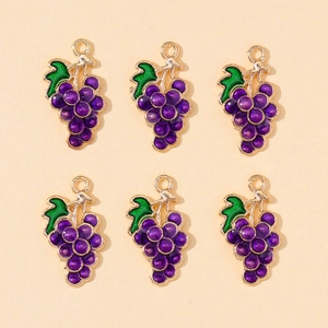 Set of six purple grape charms in gold alloy with green leaves for DIY jewelry making