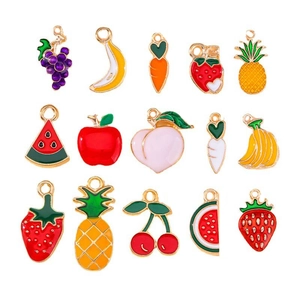 Selection of 15 colorful enamel fruit pendants with gold metal edges for DIY jewelry making