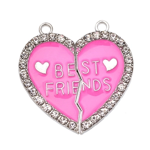 Ασημένιο μενταγιόν καρδιά με ροζ Best Friends χάραξη και λευκά στρας πέτρες