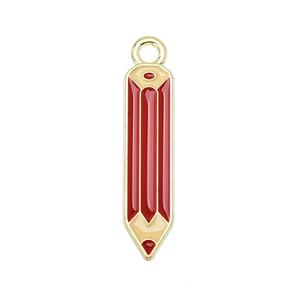Detailed view of red enamel pencil pendant with gold-plated metal loop for DIY jewelry