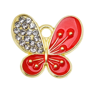 Farbenfroher Schmetterling-Anhänger mit roter Emaille und funkelnden Strasssteinen auf Gold