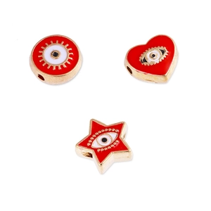 Red evil eye alloy beads in round, heart, and star shapes for DIY jewelry making